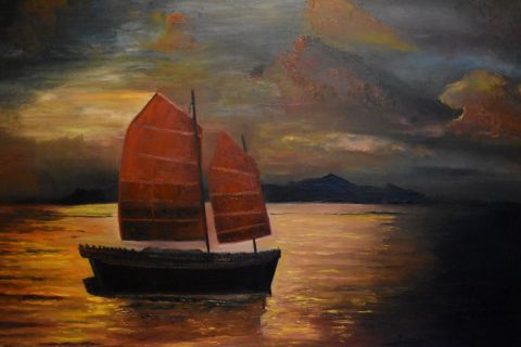 Peinture coucher de soleil bateau en mer